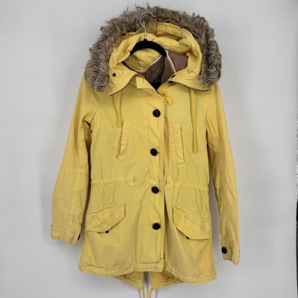 Gap Jacket Womens XS Yellow Cotton Parka Anorak Faux Fur Hood Lined Winter Coat